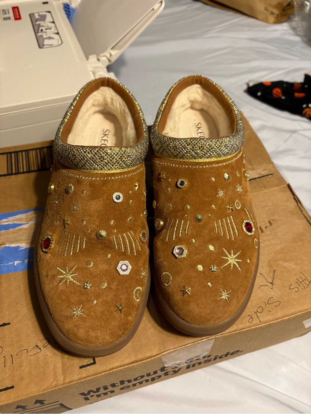 Skechers Camel Suede Slip-On Clogs with Gold Embellishments